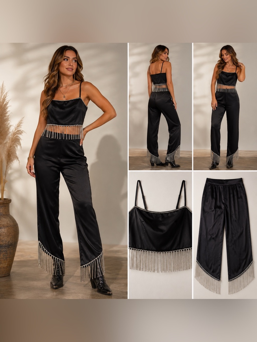 Altar'd State Black Rhinestone Fringe 2 Piece Set Top L Pants M Festival Glam